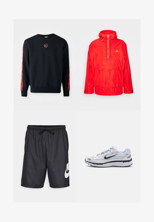 Červená vetrovka Nike s kapucňou, polovičný zips vpredu, veľká predná vrecko s klopou a nastaviteľné manžety.; Námornícky sveter s hexagonálnym červeným logom Nike na hrudi. Obsahuje červené akcenty pozdĺž rukávov a textúrovanú, jemnú tkaninu.; Čierne plavky vyrobené z ľahkého materiálu, s elastickým pásom a šnúrkou na stiahnutie, a veľkým bielym logom Nike na ľavej nohe.; Biele bežecké topánky s textilným zvrškom, zaoblenou špičkou, čiernymi akcentmi a vzorovanou podrážkou. Obsahujú šnurovanie a značku na boku.