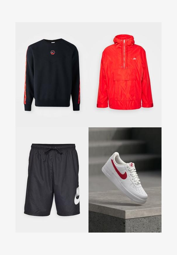 Chaqueta cortavientos roja de Nike con capucha, cierre semi-cremalleras en la parte delantera, gran bolsillo frontal con solapa y puños ajustables.; Sudadera azul marino con un logo hexagonal rojo de Nike en el pecho. Presenta detalles rojos a lo largo de las mangas y un tejido suave y texturizado.; Bañador negro hecho de material ligero, con cintura elástica y cordón ajustable, y un gran logo blanco de Nike en la pierna izquierda.; Zapatilla blanca Nike Air Force 1 con logo rojo swoosh, flotando sobre un saliente de concreto y escaleras al fondo.