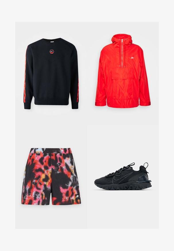 Červená vetrovka Nike s kapucňou, polovičný zips vpredu, veľká predná vrecko s klopou a nastaviteľné manžety.; Námornícky sveter s hexagonálnym červeným logom Nike na hrudi. Obsahuje červené akcenty pozdĺž rukávov a textúrovanú, jemnú tkaninu.; Čierne šortky s viacfarebným abstraktným vzorom v červenej, ružovej a modrej farbe, s bielym logom Nike Air a kontrastnými bočnými akcentmi.; Čierna atletická topánka s priedušným sieťovaným zvrškom, textúrovanými akcentmi a vlnovou gumovou podrážkou. Obsahuje reflexné logo a systém šnurovania.