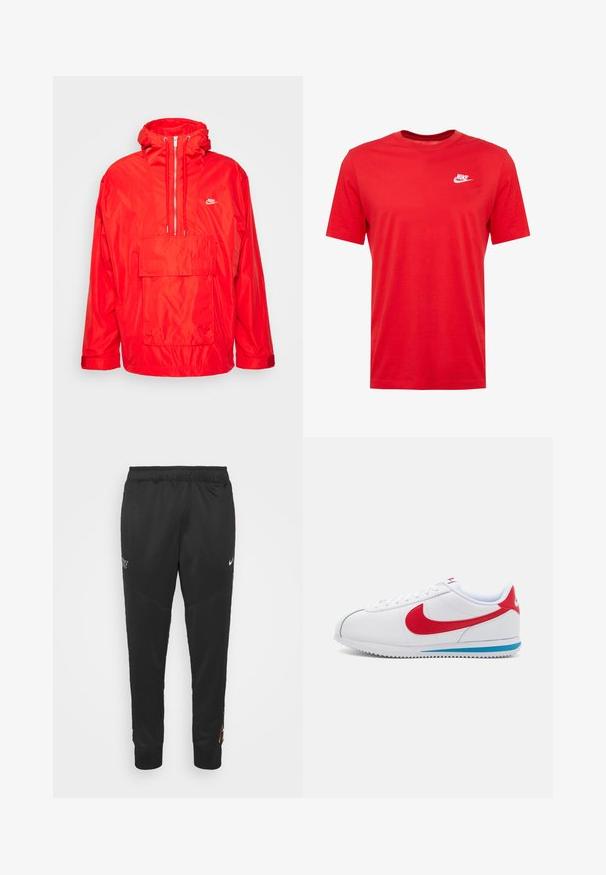 Chaqueta cortavientos roja de Nike con capucha, cierre semi-cremalleras en la parte delantera, gran bolsillo frontal con solapa y puños ajustables.; Camiseta de algodón roja de cuello redondo con mangas cortas, que presenta un logo de Nike blanco en la parte izquierda del pecho. Textura suave y diseño casual.; Pantalones deportivos negros con cinturilla elástica, piernas estrechas y logo de Nike en la parte delantera. Fabricados con una tela suave y ligera.; Zapatilla blanca con acentos rojos, con una parte superior de cuero suave, punta redonda y una suela azul. Diseño con cordones y detalles de costura visibles.