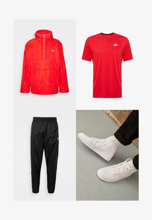 Rød Nike vindjakke med hætte, halv lynlås foran, stor forlomme med flap og justerbare manchetter.; Rød bomulds t-shirt med rund hals og korte ærmer, med et hvidt Nike-logo på venstre brystområde. Glat tekstur og afslappet design.; Sorte træningsbukser lavet af let, skinnende materiale med elastisk talje, tætsiddende pasform og med lynlåslommer. Har et logo som accent.; Hvide høj-top sneakers lavet af glat læder med perforeret tå, snørelukning og subtil logo detaljer på siden. Tekstureret gummisål.