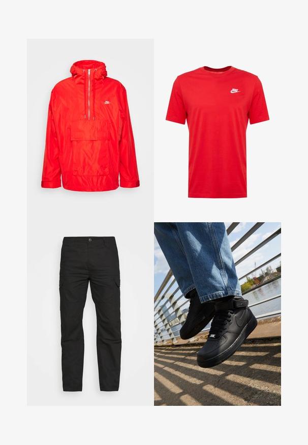 Rød Nike vindjakke med hætte, halv lynlås foran, stor forlomme med flap og justerbare manchetter.; Rød bomulds t-shirt med rund hals og korte ærmer, med et hvidt Nike-logo på venstre brystområde. Glat tekstur og afslappet design.; Sorte cargo bukser med lige ben, flere lommer og knaplukning, fremstillet af slidstærkt bomuldsstof.; Sorte Nike Air Force 1 sneakers med læderoverdel, mesh-tunge og gummisål, der har et høj-top design og tykke snørebånd.