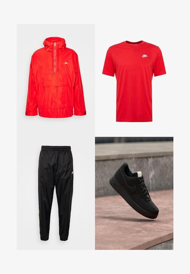 Červená vetrovka Nike s kapucňou, polovičný zips vpredu, veľká predná vrecko s klopou a nastaviteľné manžety.; Červené bavlnené tričko s krátkymi rukávmi a okrúhlym výstrihom, s bielym logom Nike v oblasti ľavého hrudníka. Hladká textúra a ležérny dizajn.; Čierne tréningové nohavice vyrobené z ľahkého, lesklého materiálu s elastickým pásom, zúženým strihom a zipsovými vreckami. Obsahujú logo ako akcent.; Čierna teniska Nike Air Force 1 plávajúca nad ružovým betónovým okrajom so sivým kamenným pozadím, zobrazujúca bočné a horné detaily.