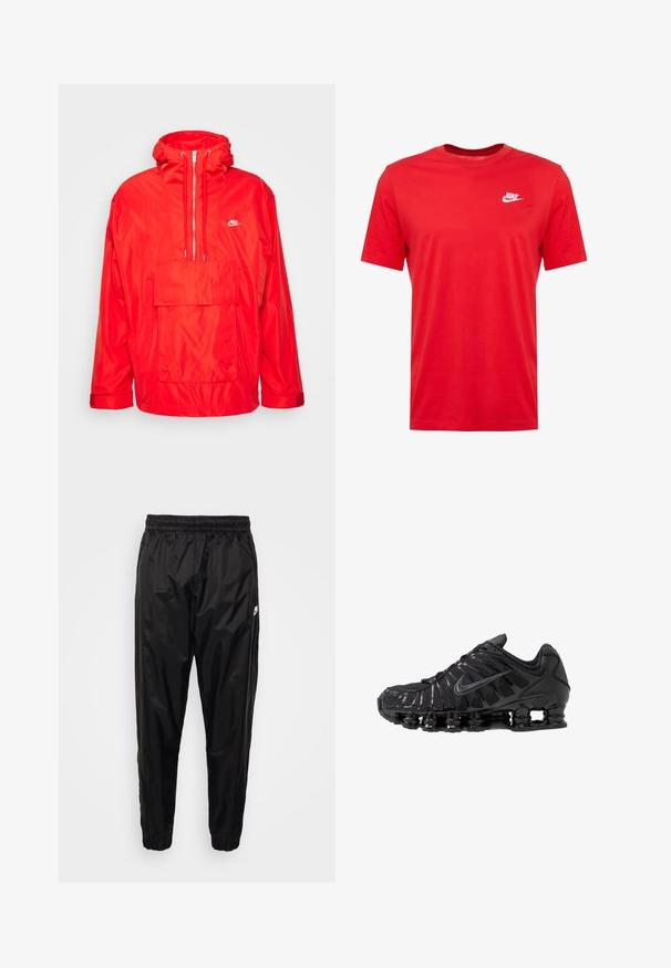 Červená vetrovka Nike s kapucňou, polovičný zips vpredu, veľká predná vrecko s klopou a nastaviteľné manžety.; Červené bavlnené tričko s krátkymi rukávmi a okrúhlym výstrihom, s bielym logom Nike v oblasti ľavého hrudníka. Hladká textúra a ležérny dizajn.; Čierne tréningové nohavice vyrobené z ľahkého, lesklého materiálu s elastickým pásom, zúženým strihom a zipsovými vreckami. Obsahujú logo ako akcent.; Čierne športové topánky vyrobené zo sieťoviny a syntetických materiálov, s výrazným vlnitým dizajnom, čiernou gumovou podrážkou a reflexnými prvkami.