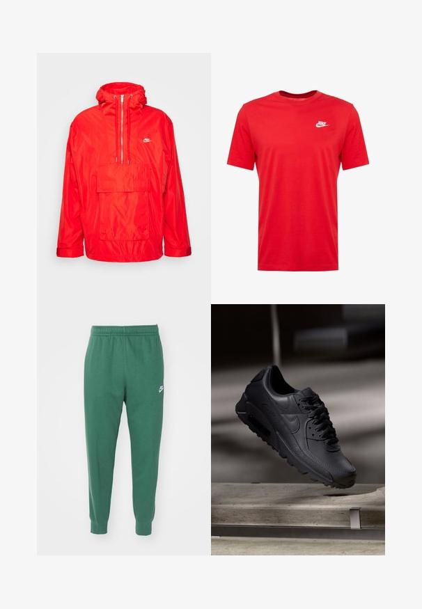 Rød Nike vindjakke med hætte, halv lynlås foran, stor forlomme med flap og justerbare manchetter.; Rød bomulds t-shirt med rund hals og korte ærmer, med et hvidt Nike-logo på venstre brystområde. Glat tekstur og afslappet design.; Nike Sportswear CLUB JGGR - Træningsbukser - fir/white; Sorte Nike Air Max-sneakers med en struktureret læderoverdel, gummisål og fremtrædende snøresystem, der viser et slankt, moderne design.