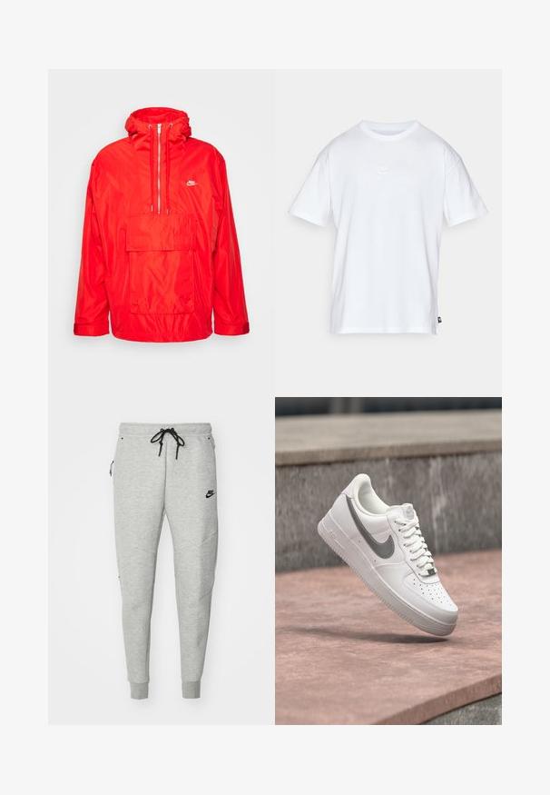 Rote Nike Windbreaker-Jacke mit Kapuze, halblangem Reißverschluss auf der Vorderseite, großer Fronttasche mit Klappe und verstellbaren Bündchen.; Weißes Baumwoll-T-Shirt mit kurzen Ärmeln und Rundhalsausschnitt. Verfügt über ein kleines, dezentes Nike-Logo auf der Brust und ein seitliches Etikett.; Graue Sweatpants mit glatter Textur, elastischem Bund, verstellbarem schwarzem Kordelzug, zwei seitlichen Taschen und einem kleinen schwarzen Logo.; Weißer Nike Air Force 1 Sneaker mit grauem Swoosh-Logo, der über einer Steinoberfläche und einem grauen Steinwandhintergrund schwebt.