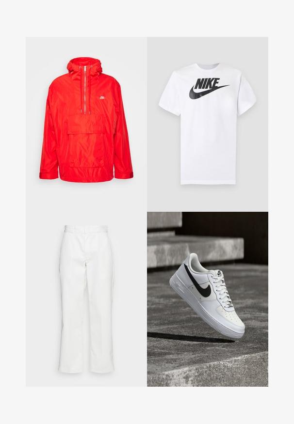 Κόκκινο μπουφάν windbreaker Nike με κουκούλα, μισό φερμουάρ μπροστά, μεγάλη μπροστινή τσέπη με καπάκι και ρυθμιζόμενους καρπούς.; Λευκό κοντομάνικο T-shirt με μαύρο λογότυπο Nike και swoosh στο κέντρο του στήθους σε μονόχρωμο γκρι φόντο.; Λευκό βαμβακερό παντελόνι με ίσια γραμμή, τρύπες ζώνης και πλάγιες τσέπες, με λεία υφή και ελάχιστες λεπτομέρειες.; Λευκό αθλητικό παπούτσι Nike Air Force 1 με μαύρο λογότυπο swoosh, δεμένα κορδόνια, τοποθετημένο στον αέρα πάνω από υφή σκυροδέματος σε εξωτερικό χώρο.