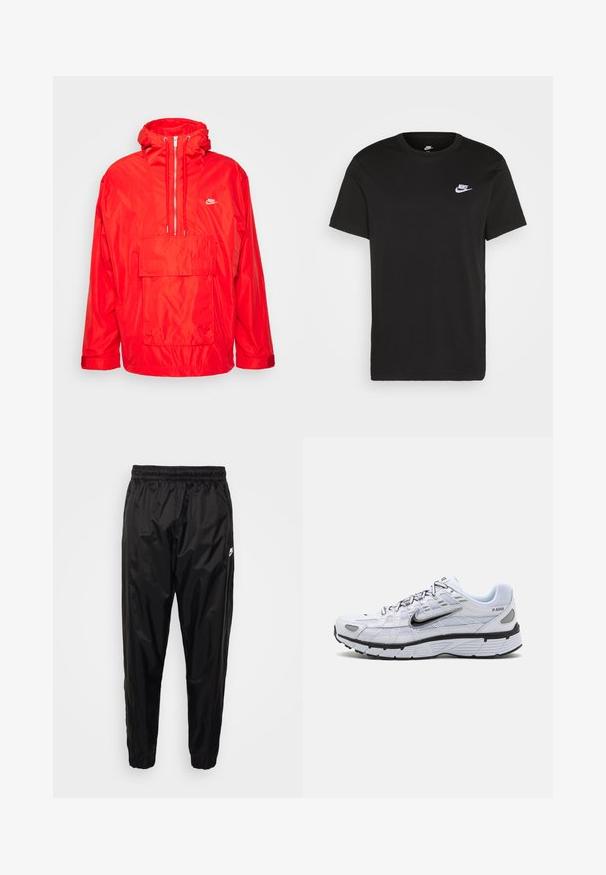 Veste coupe-vent Nike rouge avec capuche, front zippé à mi-longueur, grande poche avant avec rabat et poignets ajustables.; T-shirt en coton noir à manches courtes, col rond, avec un petit logo Nike blanc sur la poitrine supérieure gauche. Texture lisse. Coupe classique.; Pantalons de survêtement noirs en matériau léger et brillant, avec une taille élastique, une coupe fuselée et des poches zippées. Présente un accent logo.; Baskets de course blanches avec une tige en mesh, bout arrondi, accents noirs et semelle à motif. Comprend des lacets et une marque sur le côté.