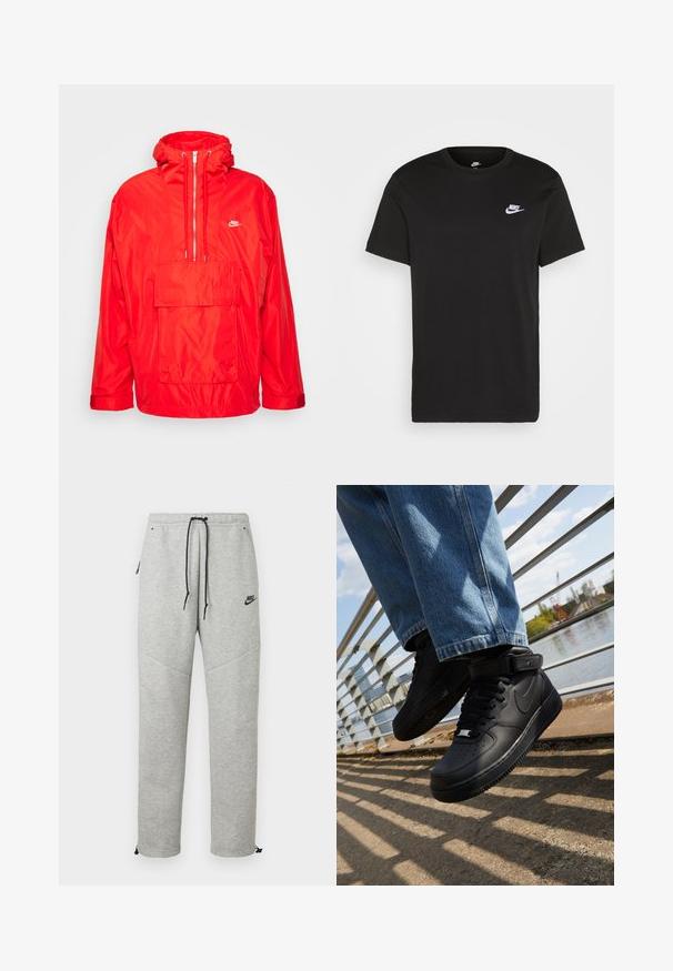 Punainen Nike-tuultapitävä takki, jossa on huppu, puolivetoketju edessä, suuri etutasku läpällä ja säädettävät hihansuut.; Mustapaita, jossa on lyhyet hihat, pyöreä kaula-aukko ja pieni valkoinen Nike-logo vasemmassa ylärinnassa. Sileä rakenne. Klassinen malli.; Harmaat Nike-housut, joissa on nauhavyötärö, sivutaskut ja elastiset hihnat. Ominaisuutena sileä pinta ja erottuva musta logotervastus.; Mustat Nike Air Force 1 -kengät, joissa on nahkapäällinen, verkko kieli ja kumipohja. Kengissä on korkeakuppinen muotoilu ja paksut nauhat.