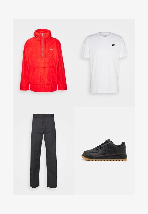 Punainen Nike-tuultapitävä takki, jossa on huppu, puolivetoketju edessä, suuri etutasku läpällä ja säädettävät hihansuut.; Valkoinen puuvillapaita, jossa on pyöreä kaula-aukko, lyhyet hihat ja musta Nike-logo vasemmassa rinnassa. Yksinkertainen, tasavärinen muotoilu.; Mustat pantsit kestävästä kankaasta, suoran lahkeen muotoilu, vyötärönauha, jossa on vyölenkit, ja saumat lisätekstuuria varten.; Musta nahkasneaker, jossa on tekstuuripinta, pyöreä nenä, rei'itetyt yksityiskohdat ja kuminen ulkopohja. Sisältää erottuvaa keltaista ompelua ja logon.