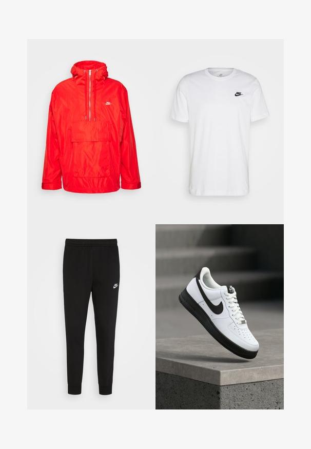 Rote Nike Windbreaker-Jacke mit Kapuze, halblangem Reißverschluss auf der Vorderseite, großer Fronttasche mit Klappe und verstellbaren Bündchen.; Weißes Baumwoll-T-Shirt mit Rundhalsausschnitt, kurzen Ärmeln und einem schwarzen Nike-Logo auf der linken Brust. Einfaches, einfarbiges Design.; Schwarze Sweatpants aus weichem Stoff, ausgestattet mit einem elastischen Bund und eng anliegenden Bündchen, mit einem kleinen weißen Nike-Logo auf dem linken Oberschenkel.; Weißer Ledersneaker mit schwarzen Akzenten, abgerundetem Zehenbereich und perforierten Details. Schwarze Gummisohle mit strukturiertem Muster und Schnürverschluss.