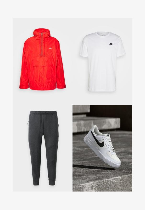Punane Nike vihmamantel kapuutsiga, pooltõmblukuga esiosa, suur esikott flapi ja reguleeritavate mansettidega.; Valge puuvillane T-särk, millel on ringkaelus, lühikesed varrukad ja must Nike logo vasakul rinnal. Lihtne, ühtlane värvi disain.; Tumedashallased Nike spordipüksid, millel on nööriga vöökoht, lukuga küljetasku, kitsenevad jalad ja soonikkoes konktid valgel taustal.; Valge Nike Air Force 1 toss, millel on must swoosh, paelad seotud, paikneb õhus hallil tekstureeritud betoonpinnal välitingimustes.