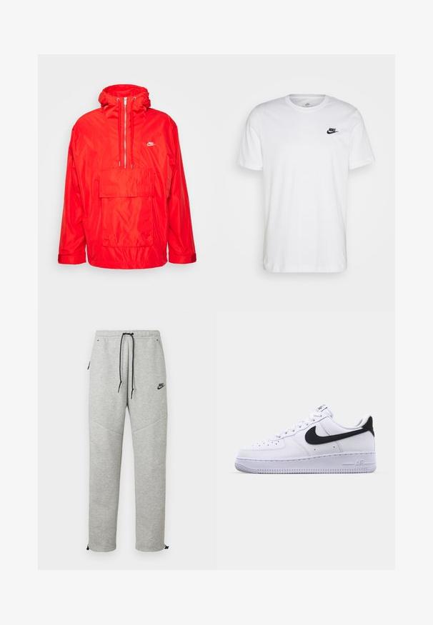 Rode Nike windbreaker jas met capuchon, half-rits voorkant, grote voorkeurszak met klep en verstelbare manchetten.; Witte katoenen t-shirt met ronde hals, korte mouwen en een zwart Nike-logo op de linkerkant van de borst. Eenvoudig, effen kleur ontwerp.; Grijze Nike trainingsbroek met een verstelbare tailleband, zijzakken en elastische boorden. Heeft een soepele textuur en contrasterende zwarte logo-details.; Witte leren sneaker met een gestructureerde zwarte Swoosh, platte veters en een rubberen zool met een geribbeld patroon. "AIR" is in de hak geperst.