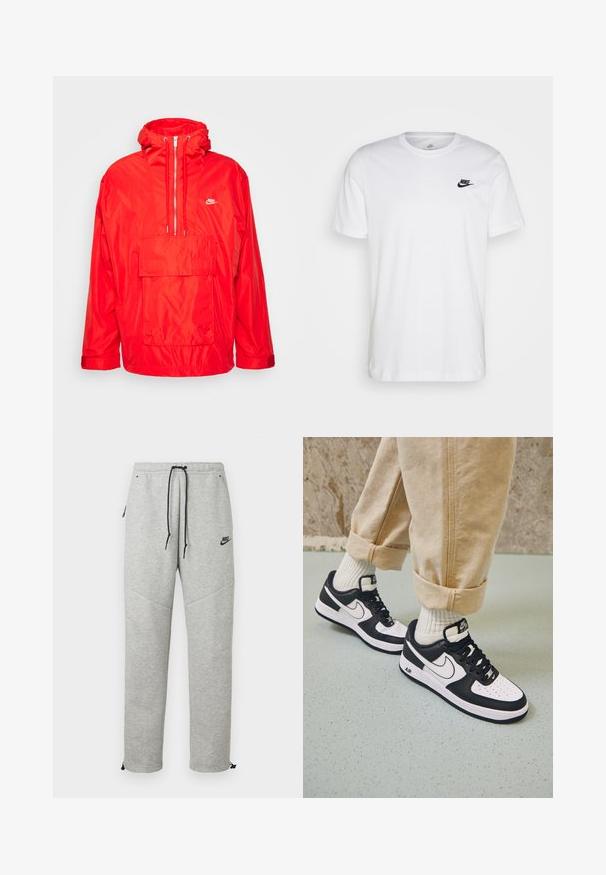 Rote Nike Windbreaker-Jacke mit Kapuze, halblangem Reißverschluss auf der Vorderseite, großer Fronttasche mit Klappe und verstellbaren Bündchen.; Weißes Baumwoll-T-Shirt mit Rundhalsausschnitt, kurzen Ärmeln und einem schwarzen Nike-Logo auf der linken Brust. Einfaches, einfarbiges Design.; Graue Nike Sweatpants mit einem Kordelzugbund, Seitentaschen und elastischen Bündchen. Sie haben eine glatte Textur und ein kontrastierendes schwarzes Logodetail.; Schwarz-weiße Nike Air Force 1 Sneaker mit einem Obermaterial aus Leder, perforierter Zehenpartie und strukturiertem Sohlendesign, getragen mit aufgerollten beigen Hosen und weißen Socken.
