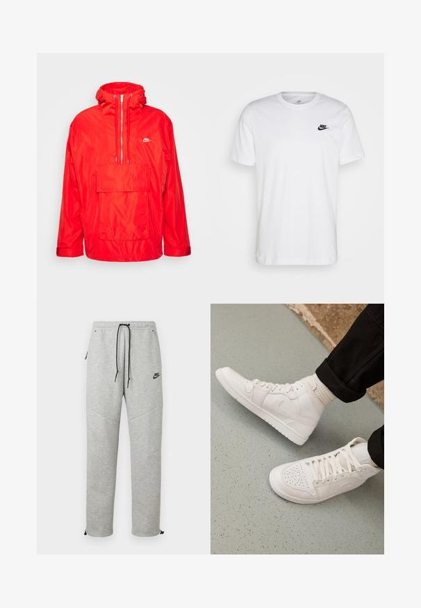 Rode Nike windbreaker jas met capuchon, half-rits voorkant, grote voorkeurszak met klep en verstelbare manchetten.; Witte katoenen t-shirt met ronde hals, korte mouwen en een zwart Nike-logo op de linkerkant van de borst. Eenvoudig, effen kleur ontwerp.; Grijze Nike trainingsbroek met een verstelbare tailleband, zijzakken en elastische boorden. Heeft een soepele textuur en contrasterende zwarte logo-details.; Witte hoge sneakers van glad leer met een geperforeerde teen, vetersluiting en subtiele logo-details aan de zijkant. Geprofileerde rubberen zool.