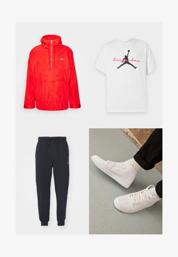Raudona Nike vėjo skafandra su gobtuvu, pusiau užtraukiama priekine dalimi, dideliu priekinio kišeniu su uždaromu dangteliu ir reguliuojamais rankogaliais.; Balta medvilninė marškinėliai su juodu krepšininko siluetu ir raudonu „Air Jordan“ užrašu krūtinės srityje. Trumpomis rankovėmis, klasikiniu kirpimu.; Juodi sportiniai džinsai, pagaminti iš minkštos medžiagos, su elastingu juosmeniu ir raišteliu, su įsiūtomis rankovėmis ir mažu logotipu kairiajame šlaunyje.; Baldos užtraukiamu batų dangteliu, pagamintais iš lygaus odos, su perforuota pirštų dalimi, užtraukiama uždarymu ir subtilia logotipo detale šone. Struktūruotas guminis padas.