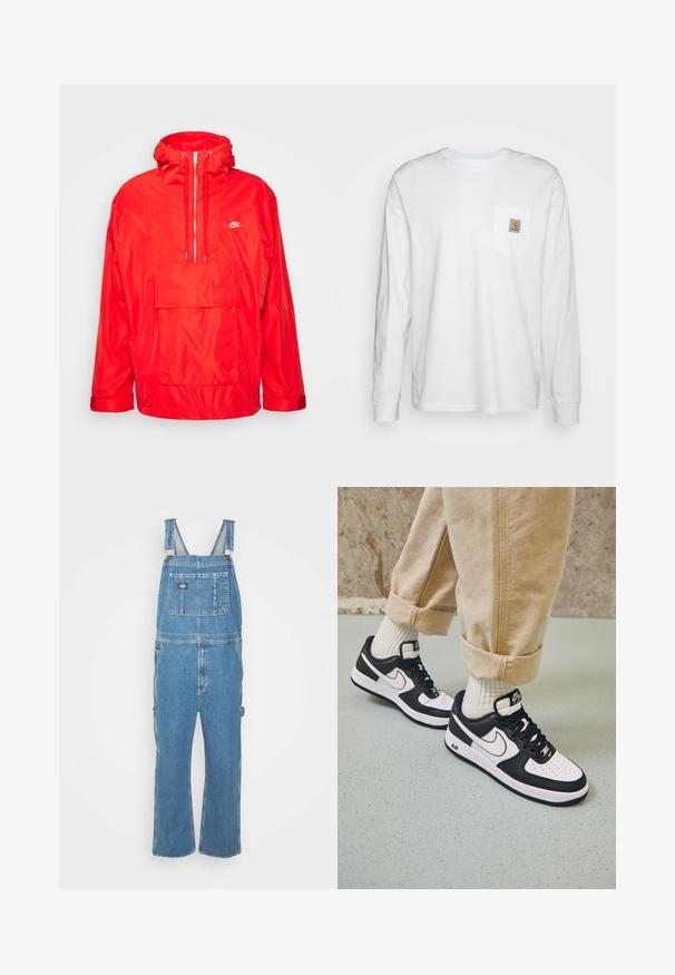Červená vetrovka Nike s kapucňou, polovičný zips vpredu, veľká predná vrecko s klopou a nastaviteľné manžety.; Biela košeľa s dlhým rukávom vyrobená z bavlny, s náprsné vrecko a štvorcovou nášivkou loga. Jednoduchý dizajn s okrúhlym výstrihom a manžetami.; Džísy v svetlomodrej farbe s nastaviteľnými popruhmi, prednou kapsou a bočnými vreckami. Voľný strih so rovným strihom nohavíc, vyrobené z bavlnenej tkaniny.; Čierno-biele tenisky Nike Air Force 1 s koženým zvrškom, perforovanou špičkou a textúrovanou podrážkou, kombinované s ohrnutými béžovými nohavicami a bielymi ponožkami.