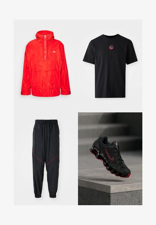 Punane Nike vihmamantel kapuutsiga, pooltõmblukuga esiosa, suur esikott flapi ja reguleeritavate mansettidega.; Must puuvillane lühikeste varrukatega T-särk, millel on rinnal kuusnurkne punase ja valge Nike logo ning ümar kaelus.; Mustad mustelõngad, mis on valmistatud kergest kangast, punaste aktsentõmblustega, elastse vöökohtaga ja nööriga, ning elastsete mansettidega.; Must ja punane Nike spordijalats nähtava vedeliku sarnase tallaga, mis tasakaalustab betoonist astme serval.