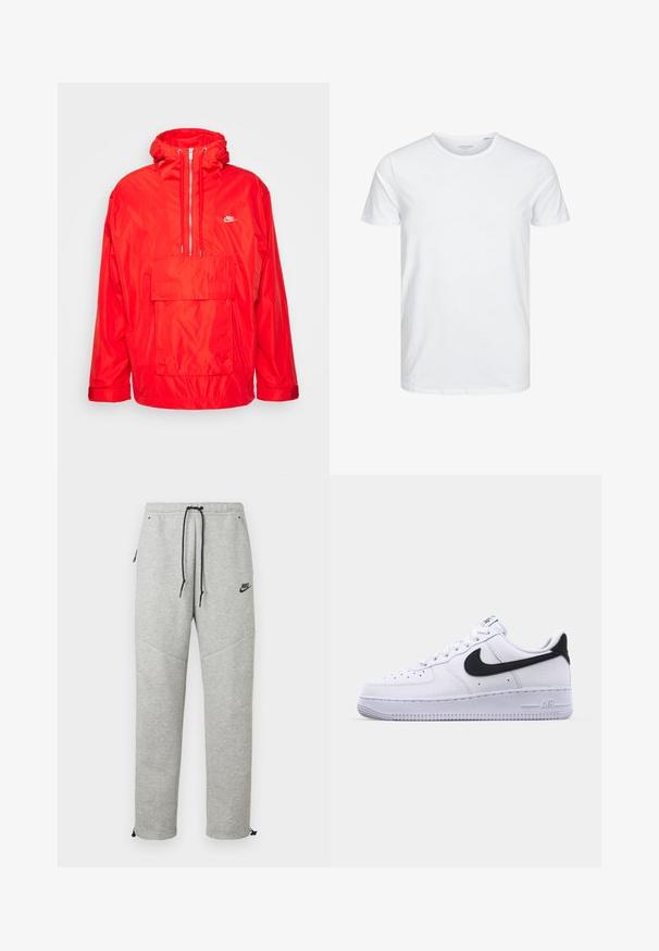 Rode Nike windbreaker jas met capuchon, half-rits voorkant, grote voorkeurszak met klep en verstelbare manchetten.; Ronde hals kortemouwen t-shirt in effen wit, gemaakt van zachte katoen, heeft een eenvoudig ontwerp zonder zichtbare patronen of accenten.; Grijze Nike trainingsbroek met een verstelbare tailleband, zijzakken en elastische boorden. Heeft een soepele textuur en contrasterende zwarte logo-details.; Witte leren sneaker met een gestructureerde zwarte Swoosh, platte veters en een rubberen zool met een geribbeld patroon. "AIR" is in de hak geperst.