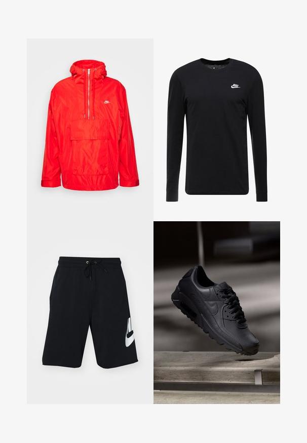 Red Nike windbreaker jacket with hood, half-zip front, large front pocket with flap, and adjustable cuffs.; Black long-sleeve T-shirt made of cotton, featuring a crew neck, ribbed cuffs, and a small white Nike logo on the chest.; Black cotton shorts with a drawstring waist, side pockets, and large white Nike logo printed on the left thigh. Classic athletic design.; Black Nike Air Max sneakers with a textured leather upper, rubber sole, and prominent lacing system, showcasing a sleek, modern design.