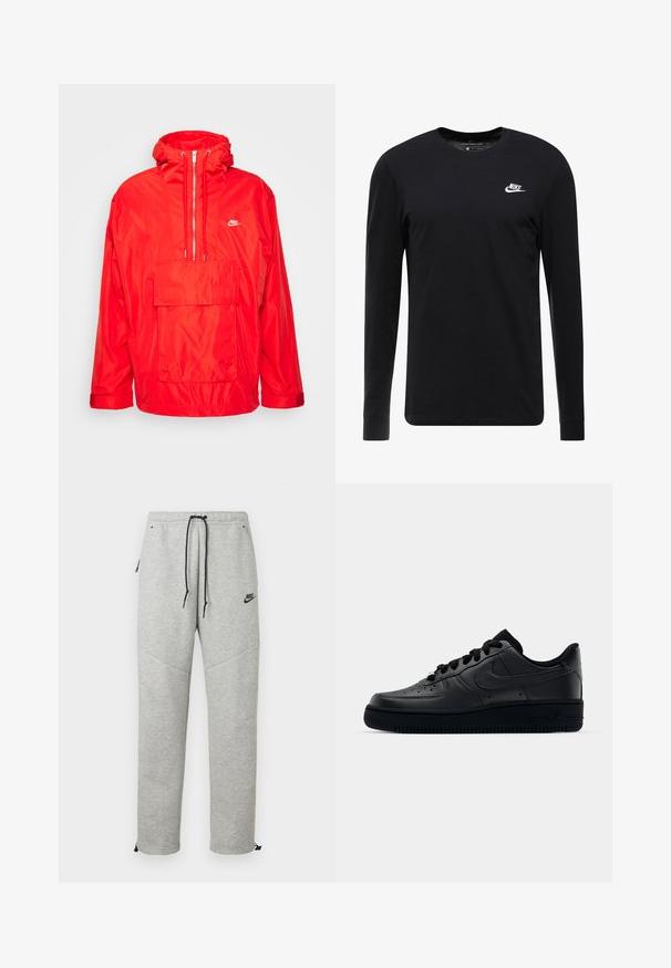 Rode Nike windbreaker jas met capuchon, half-rits voorkant, grote voorkeurszak met klep en verstelbare manchetten.; Zwart langemouwen T-shirt van katoen, met een ronde hals, ribgebreide manchetten en een klein wit Nike-logo op de borst.; Grijze Nike trainingsbroek met een verstelbare tailleband, zijzakken en elastische boorden. Heeft een soepele textuur en contrasterende zwarte logo-details.; Zwarte Nike Air Force 1 sneaker met een gladde leren bovenkant, geperforeerde neus voor ademend vermogen, zwarte veters en een getextureerde rubberen zool.
