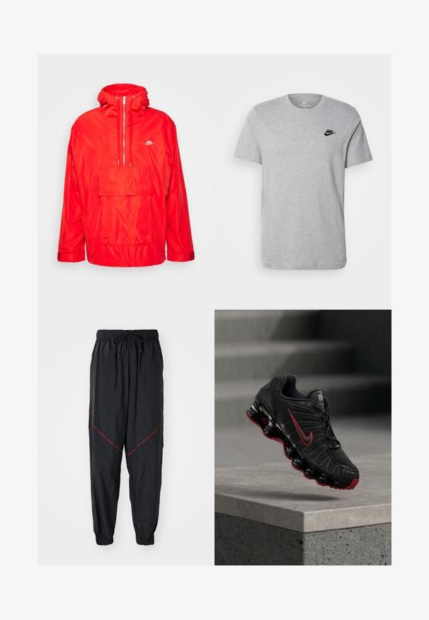 Punane Nike vihmamantel kapuutsiga, pooltõmblukuga esiosa, suur esikott flapi ja reguleeritavate mansettidega.; Halli lühikeste varrukatega T-särk, mis on valmistatud puuvillast ja millel on rinnal must Nike'i logo ning ümar kaelus. Minimalistlik disain, ilma mustriteta.; Mustad mustelõngad, mis on valmistatud kergest kangast, punaste aktsentõmblustega, elastse vöökohtaga ja nööriga, ning elastsete mansettidega.; Must ja punane Nike spordijalats nähtava vedeliku sarnase tallaga, mis tasakaalustab betoonist astme serval.