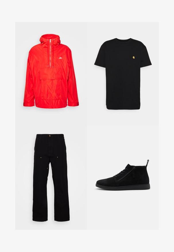 Rød Nike vindjakke med hætte, halv lynlås foran, stor forlomme med flap og justerbare manchetter.; Sort bomulds t-shirt med korte ærmer, rund halsudskæring og et lille gult logo på venstre brystområde. Enkel design og almindelig pasform.; Sorte denimbukser med lige ben, udstyret med guld hardware-detaljer og synlige syninger på for- og baglommer.; Sorte ruskind ankelstøvler har en rund tå, snørebånd foran og en lynlås i siden. Sålen er flad med en tekstureret overflade for bedre greb.