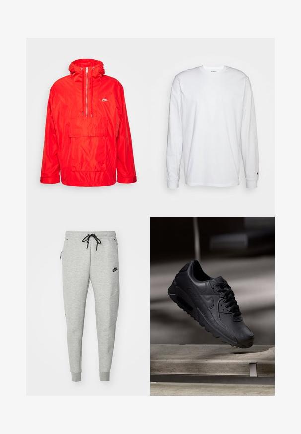 Červená vetrovka Nike s kapucňou, polovičný zips vpredu, veľká predná vrecko s klopou a nastaviteľné manžety.; Biela dlhá bavlnená tričko s dlhým rukávom. Dizajn s okrúhlym výstrihom a rebrovanými manžetami, malá nášivka na ľavom rukáve. Hladká textura.; Šedé tepláky s hladkou textúrou, elastickým pásom, nastaviteľným čiernym šnúrkom, dvoma bočnými vreckami a malým čiernym logom.; Čierne tenisky Nike Air Max s textúrovaným koženým zvrškom, gumovou podrážkou a výrazným šnurovacím systémom, ktoré predvádzajú štýlový, moderný dizajn.