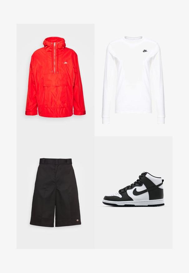 Rode Nike windbreaker jas met capuchon, half-rits voorkant, grote voorkeurszak met klep en verstelbare manchetten.; Witte lange mouwen T-shirt van katoen, met een klein zwart Nike-logo op de linkerkant van de borst en een ronde halslijn. Gladde textuur.; Zwarte katoenen shorts met een rechte snit, knielengte, voorzien van een zichtbaar merklogo op de zoom en een gladde textuur.; Zwart-witte hoge sneakers met leren bovenwerk, geperforeerde neus, prominente swoosh-logo en een getextureerde rubberen zool.