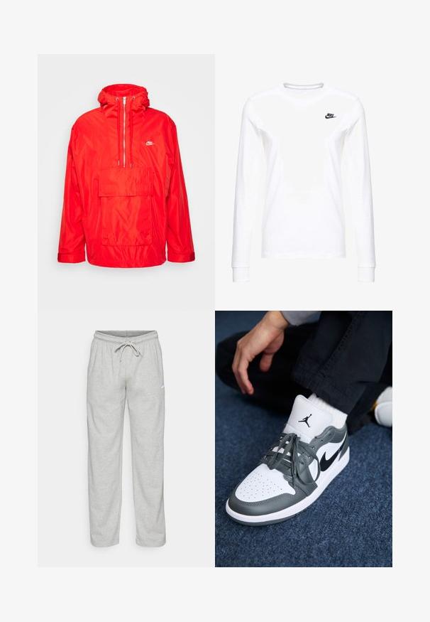 Červená vetrovka Nike s kapucňou, polovičný zips vpredu, veľká predná vrecko s klopou a nastaviteľné manžety.; Biele dlhé rukávy tričko vyrobené z bavlny, s malým čiernym logom Nike na ľavej hrudi a okrúhlym výstrihom. Hladká textúra.; Svetlošedé teplákové nohavice vyrobené z jemného materiálu. Obsahujú elastický pás na šnurovanie a čierne logo Nike na ľavom stehne.; Tenisky Nike Air Jordan 1 v bielom a šedom koži, s čiernym logom, perforovanou špičkou a plochými šedými šnúrkami.