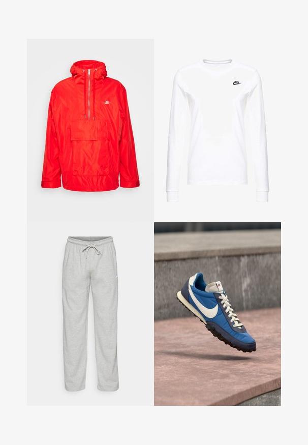 Κόκκινο μπουφάν windbreaker Nike με κουκούλα, μισό φερμουάρ μπροστά, μεγάλη μπροστινή τσέπη με καπάκι και ρυθμιζόμενους καρπούς.; Λευκό μπλουζάκι με μακριά μανίκια από βαμβάκι, με ένα μικρό μαύρο λογότυπο Nike στην αριστερή πλευρά του στήθους και στρογγυλή λαιμόκοψη. Λείος υφή.; Ανοιχτό γκρι φόρμες από απαλό ύφασμα. Διαθέτουν ελαστική ζώνη με κορδόνι και λογότυπο Nike σε μαύρο χρώμα στο αριστερό μηρό.; Μπλε και ναυτικό αθλητικό παπούτσι Nike με άσπρο λογότυπο και κορδόνια, αιωρούμενο πάνω από πέτρινη επιφάνεια με φόντο γκρι πέτρινο τοίχο.
