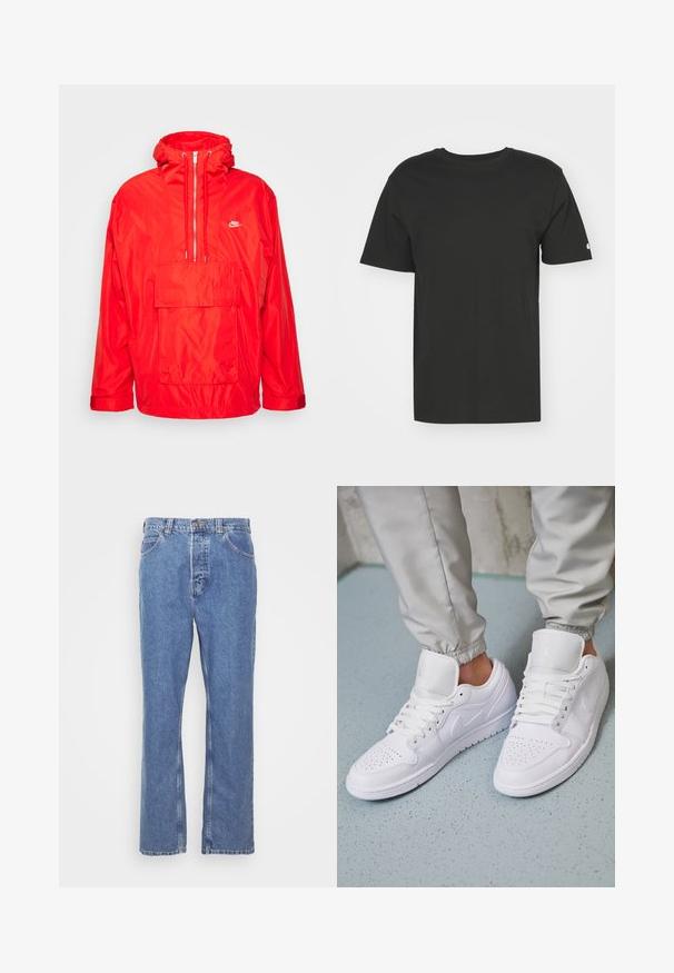 Veste coupe-vent Nike rouge avec capuche, front zippé à mi-longueur, grande poche avant avec rabat et poignets ajustables.; T-shirt noire en coton doux, avec des manches courtes et un col rond. Design simple avec un petit logo sur la manche gauche.; Jeans en denim bleu avec une coupe droite, un design à cinq poches, des passants de ceinture et une fermeture à bouton. Le tissu a une finition douce et texturée.; Des baskets en cuir blanc présentent une zone de perforation à l'avant, des lacets plats, un col rembourré et le logo Jordan sur la languette. Portées avec un pantalon de jogging gris.