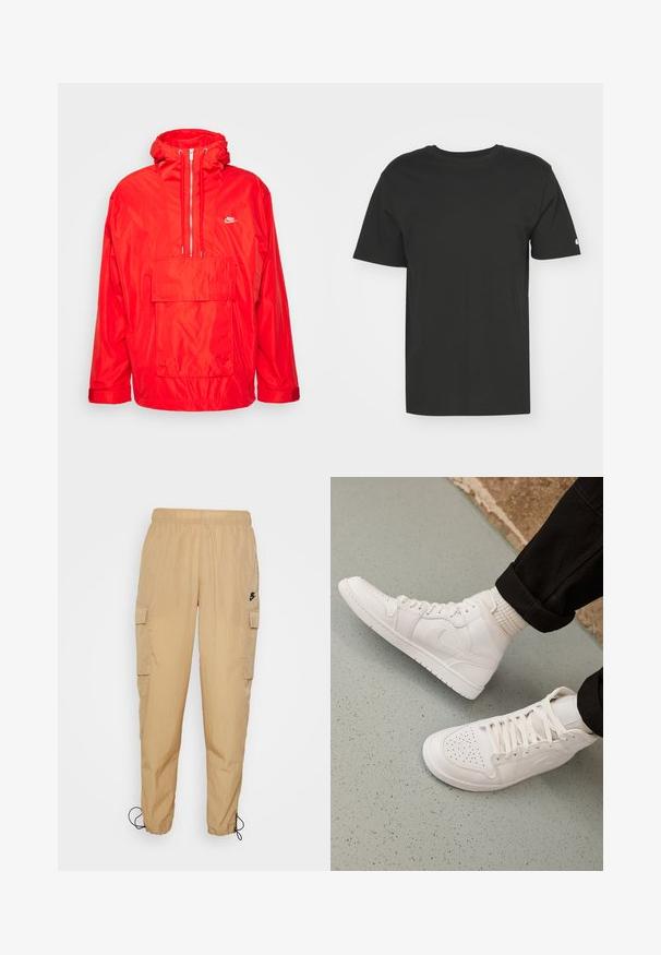 Rød Nike vindjakke med hætte, halv lynlås foran, stor forlomme med flap og justerbare manchetter.; Sort T-shirt lavet af blød bomuld, med korte ærmer og rund hals. Enkel design med et lille logo på venstre ærme.; Nike Sportswear Cargobukser - hemp/black; Hvide høj-top sneakers lavet af glat læder med perforeret tå, snørelukning og subtil logo detaljer på siden. Tekstureret gummisål.