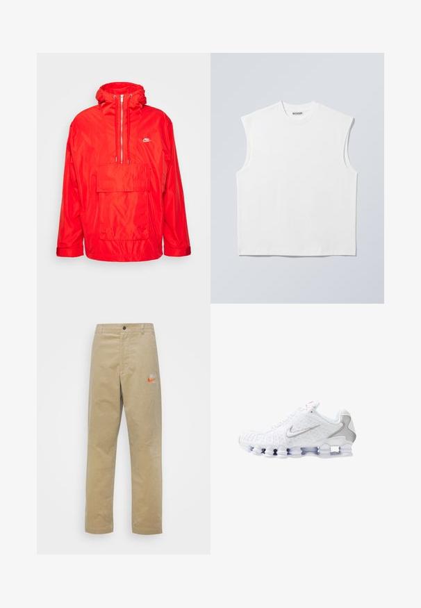 Rode Nike windbreaker jas met capuchon, half-rits voorkant, grote voorkeurszak met klep en verstelbare manchetten.; Wit mouwloos katoenen top met ronde hals en gestructureerde schouders, met het merk "WEEKDAY" op het label in de kraag, afgebeeld op een lichtgrijze achtergrond.; Nike Sportswear TREND PANT - Broek - khaki/team orange/khaki; Witte sportschoenen met een gestructureerd bovenwerk, een zilveren swoosh-logo, meshpanelen en een opvallende gesegmenteerde witte zool.
