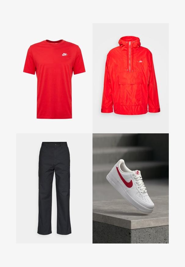 Punane Nike vihmamantel kapuutsiga, pooltõmblukuga esiosa, suur esikott flapi ja reguleeritavate mansettidega.; Punane puuvillane lühikeste varrukatega T-särk ümmarguse kaelusega, mille vasakul rinnal on valge Nike logo. Sile tekstuur ja juhuslik disain.; Mustad cargo püksid sirge säärega disainiga, küljetaskud ja tekstuuriga kangas. Nööp sulgemisega vöökoht, et tagada kindel istuvus.; Valge Nike Air Force 1 toss punase Swoosh-logooga hõljumas betoonist ääre ja treppide kohal taustal.