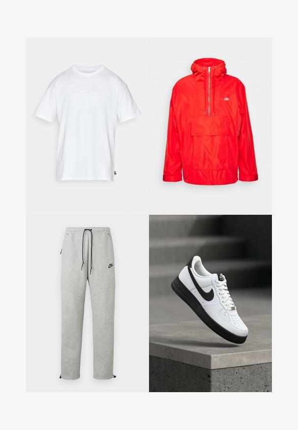 Rote Nike Windbreaker-Jacke mit Kapuze, halblangem Reißverschluss auf der Vorderseite, großer Fronttasche mit Klappe und verstellbaren Bündchen.; Weißes Baumwoll-T-Shirt mit kurzen Ärmeln und Rundhalsausschnitt. Verfügt über ein kleines, dezentes Nike-Logo auf der Brust und ein seitliches Etikett.; Graue Nike Sweatpants mit einem Kordelzugbund, Seitentaschen und elastischen Bündchen. Sie haben eine glatte Textur und ein kontrastierendes schwarzes Logodetail.; Weißer Ledersneaker mit schwarzen Akzenten, abgerundetem Zehenbereich und perforierten Details. Schwarze Gummisohle mit strukturiertem Muster und Schnürverschluss.