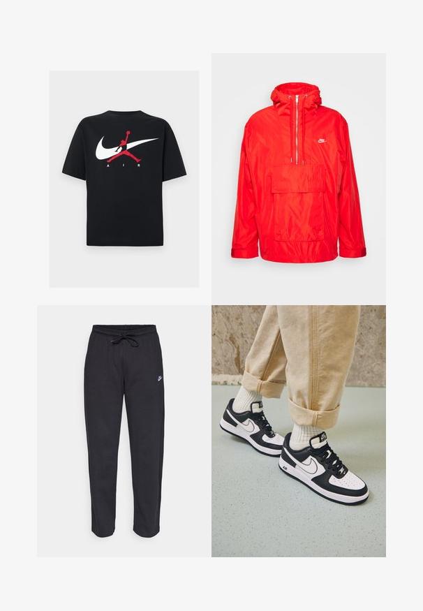Veste coupe-vent Nike rouge avec capuche, front zippé à mi-longueur, grande poche avant avec rabat et poignets ajustables.; T-shirt en coton noir à col rond, avec un grand logo Nike swoosh blanc et un logo Jumpman rouge accompagné du texte "AIR" en blanc.; Pantalons de survêtement noirs en tissu doux, avec une taille élastique, un cordon de serrage et un petit logo Nike sur la cuisse gauche.; Baskets Nike Air Force 1 en noir et blanc avec un dessus en cuir, orteil perforé et détail de semelle texturée, portées avec un pantalon beige retroussé et des chaussettes blanches.