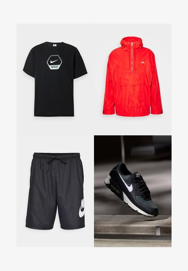 Κόκκινο μπουφάν windbreaker Nike με κουκούλα, μισό φερμουάρ μπροστά, μεγάλη μπροστινή τσέπη με καπάκι και ρυθμιζόμενους καρπούς.; Μαύρο κοντομάνικο μπλουζάκι Nike με εξαγωνικό λογότυπο που περιλαμβάνει το λευκό σήμα Nike και το κείμενο "NIKE" στο στήθος.; Μαύρες μαγιό σορτς κατασκευασμένες από ελαφρύ υλικό, με ελαστική μέση και κορδόνι και μία μεγάλη λευκή λογότυπο της Nike στο αριστερό πόδι.; Μαύρο και γκρι αθλητικό παπούτσι Nike Air Max με λευκό σήμα, κρεμασμένο πάνω από μια τσιμεντένια επιφάνεια σε θολό σκοτεινό φόντο.