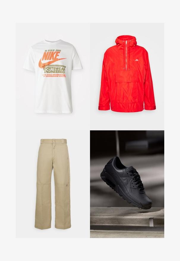 Punane Nike vihmamantel kapuutsiga, pooltõmblukuga esiosa, suur esikott flapi ja reguleeritavate mansettidega.; Valge puuvillane T-särk, millel on suur oranž "NIKE" logo ja roheline tekst "SPORTSWEAR ENGINEERED" koos täiendavate spetsifikatsioonidega.; Bežid laiad püksid, mis on valmistatud vastupidavast kangast, kõrge vöökoha, nähtava õmbluse ja väikese logo tätoveeringuga külgedel.; Mustad musta Nike Air Max tossud, millel on tekstuuriga nahk, kummist välistald ja silmapaistev paeltesüsteem, esitades voolujoonelist ja modernset disaini.