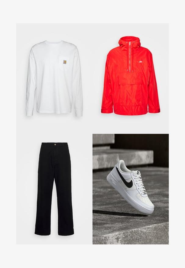 Chaqueta cortavientos roja de Nike con capucha, cierre semi-cremalleras en la parte delantera, gran bolsillo frontal con solapa y puños ajustables.; Camisa blanca de manga larga hecha de algodón, con un bolsillo en el pecho que lleva un parche de logo cuadrado. Diseño sencillo con escote redondeado y mangas con puños.; Pantalones negros de tela pesada, con un diseño de pierna recta, bolsillos frontales, cierre de cremallera y un solo botón metálico.; Zapatilla blanca Nike Air Force 1 con el logo Swoosh negro, cordones atados, posicionada en el aire sobre una superficie de concreto texturizado al aire libre.