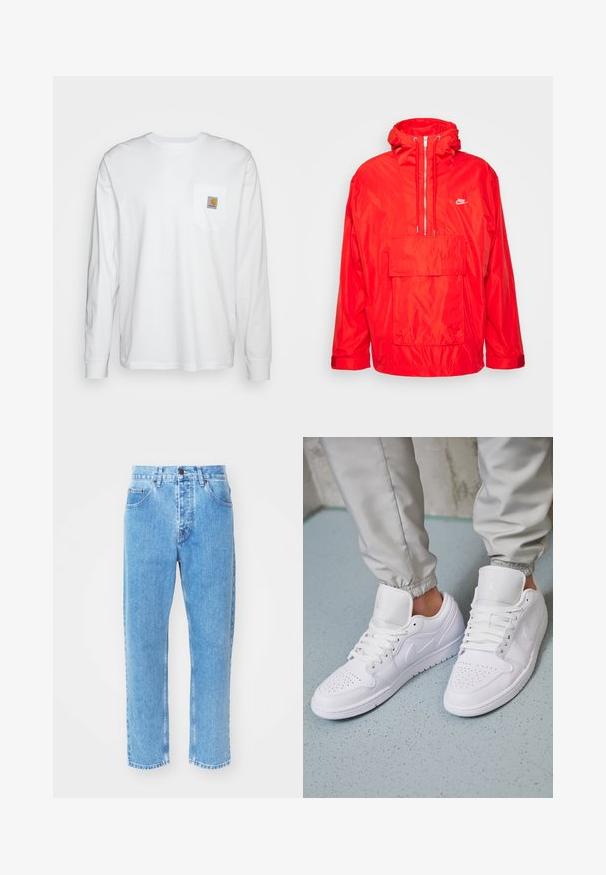 Κόκκινο μπουφάν windbreaker Nike με κουκούλα, μισό φερμουάρ μπροστά, μεγάλη μπροστινή τσέπη με καπάκι και ρυθμιζόμενους καρπούς.; Λευκό πουκάμισο μακρύ μανίκι από βαμβάκι, με τσέπη στο στήθος που διαθέτει τετράγωνη λογότυπη ετικέτα. Απλός σχεδιασμός με στρογγυλή λαιμόκοψη και μανίκια με μανσέτες.; Ανοιχτό μπλε τζιν παντελόνι με ευθεία γραμμή, πέντε τσέπες και κλασικό κουμπί κλεισίματος στη μέση.; Λευκά δερμάτινα αθλητικά παπούτσια με περφοραρισμένο μπροστινό μέρος, επίπεδα κορδόνια, μαλακή επένδυση στον αστράγαλο και το λογότυπο Jordan στην γλώσσα. Φοριούνται με γκρι φόρμες.