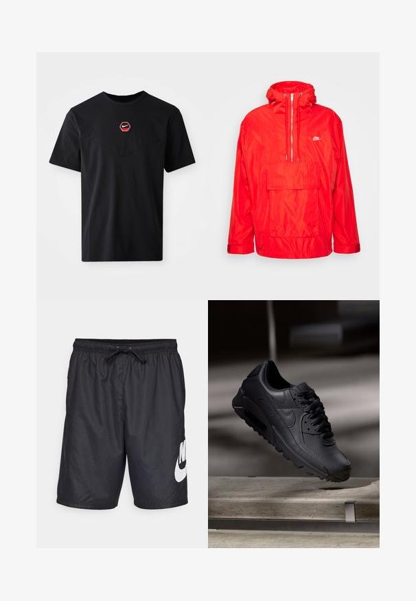 Rote Nike Windbreaker-Jacke mit Kapuze, halblangem Reißverschluss auf der Vorderseite, großer Fronttasche mit Klappe und verstellbaren Bündchen.; Schwarzes kurzärmeliges T-Shirt aus Baumwolle mit einem sechseckigen roten und weißen Nike-Logo auf der Brust und einem abgerundeten Ausschnitt.; Schwarze Badehorts aus leichtem Material, ausgestattet mit einem elastischen Bund und Kordelzug sowie einem großen weißen Nike-Logo am linken Bein.; Schwarze Nike Air Max Sneaker mit einem strukturierten Leder-Obermaterial, Gummisohle und auffälligem Schnürsystem, das ein schlankes, modernes Design präsentiert.