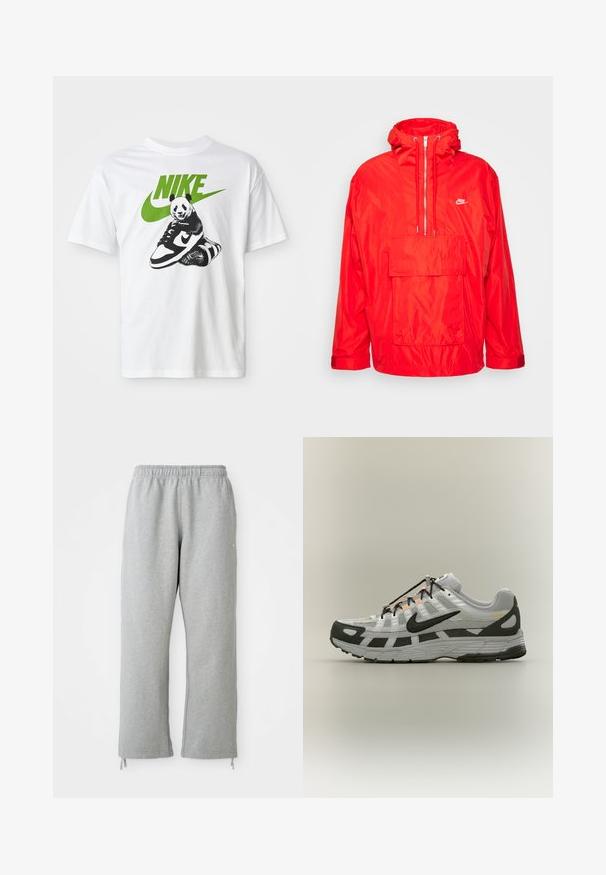 Rød Nike vindjakke med hætte, halv lynlås foran, stor forlomme med flap og justerbare manchetter.; Hvid bomulds t-shirt med et sort-hvidt panda grafik, der holder en Nike sneaker, med et grønt Nike-logo ovenfor.; Grå sweatpants med elastisk talje, lige ben og snoretræk ved kanten. Fremstillet af blødt, struktureret stof.; Hvid og grå atletiksko med sort Nike-swoosh, sorte snørebånd og orange accenter på en neutral baggrund.