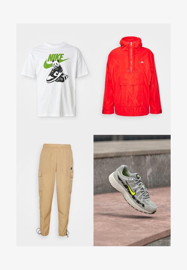 Rote Nike Windbreaker-Jacke mit Kapuze, halblangem Reißverschluss auf der Vorderseite, großer Fronttasche mit Klappe und verstellbaren Bündchen.; Weißes Baumwoll-T-Shirt mit einem schwarz-weißen Panda-Graphic, der einen Nike-Sneaker hält, mit einem grünen Nike-Logo darüber.; Nike Sportswear Cargohose - hemp/black; Grauer Nike-Laufschuh mit schwarzen und neon-gelben Akzenten, schwebt in der Luft über einer strukturierten Betonoberfläche.
