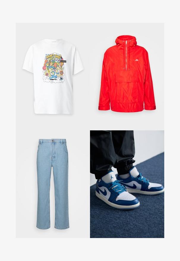 Κόκκινο μπουφάν windbreaker Nike με κουκούλα, μισό φερμουάρ μπροστά, μεγάλη μπροστινή τσέπη με καπάκι και ρυθμιζόμενους καρπούς.; Λευκό μπλουζάκι με πολύχρωμο καρτούν σχέδιο που δείχνει τον Bugs Bunny και το κείμενο «Don’t take life too seriously» περιτριγυρισμένο από παιχνιδιάρικα αντικείμενα.; Ανοιχτό μπλε τζιν παντελόνι με ίσια γραμμή, που διαθέτει κλείσιμο με κουμπί, θηλιές ζώνης και δύο μπροστινές τσέπες.; Τα παπούτσια Nike Air Jordan διαθέτουν λευκή δερμάτινη βάση με μπλε συνθετικά στοιχεία, περφοριέται μπροστινός τομέας και μπλε κορδόνια.