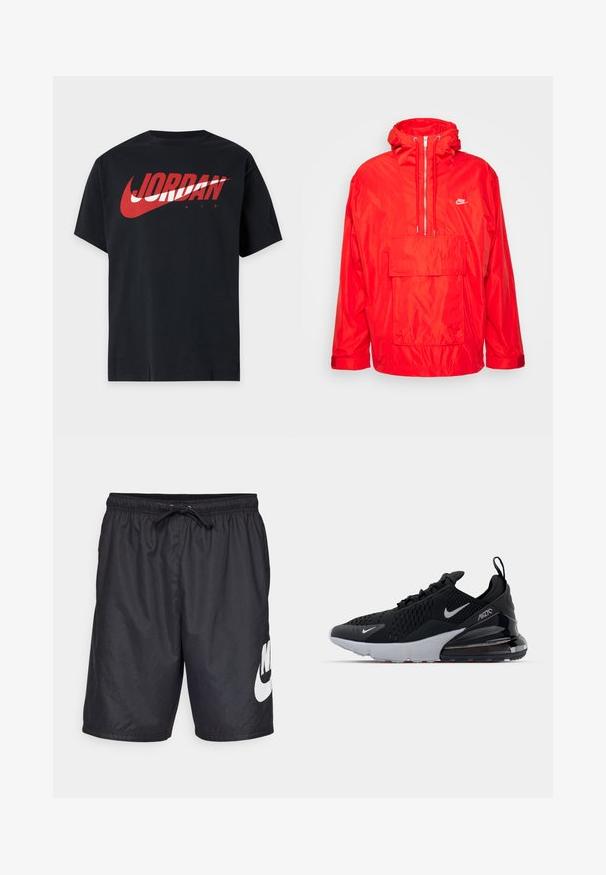 Κόκκινο μπουφάν windbreaker Nike με κουκούλα, μισό φερμουάρ μπροστά, μεγάλη μπροστινή τσέπη με καπάκι και ρυθμιζόμενους καρπούς.; Μαύρο κοντομάνικο T-shirt με μεγάλο κόκκινο και λευκό λογότυπο Jordan Air στο στήθος.; Μαύρες μαγιό σορτς κατασκευασμένες από ελαφρύ υλικό, με ελαστική μέση και κορδόνι και μία μεγάλη λευκή λογότυπο της Nike στο αριστερό πόδι.; Μαύρο αθλητικό παπούτσι με διχτυωτό πάνω μέρος, λευκή ενδιάμεση σόλα και ορατή αεροθάλαμο στην φτέρνα. Κομψός σχεδιασμός με διακριτικές ασημένιες λεπτομέρειες.