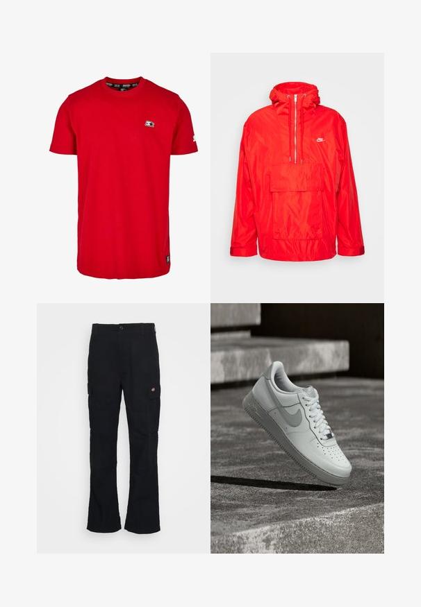 Rød Nike vindjakke med hætte, halv lynlås foran, stor forlomme med flap og justerbare manchetter.; Rød bomulds t-shirt med rund hals, korte ærmer og et lille sort logo på venstre bryst og ærme. Glat, ensfarvet stof.; Sorte cargo bukser med lige ben-design, fremstillet af slidstærkt stof, med sidelommer og et patch-logo på venstre side.; Hvid Nike Air Force 1 sneaker, der svæver over en tekstureret betongulv med stenetrin i baggrunden.