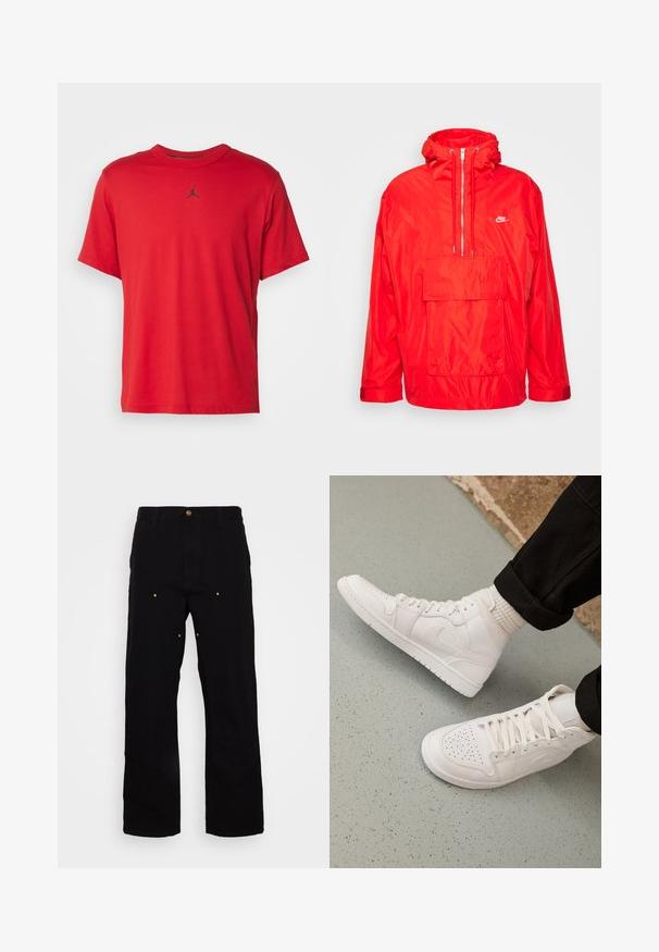 Červená vetrovka Nike s kapucňou, polovičný zips vpredu, veľká predná vrecko s klopou a nastaviteľné manžety.; Červené bavlnené tričko s krátkym rukávom, okrúhlym výstrihom a malým čiernym logom Jordan na hrudi, s rovnou dolnou líniou.; Čierne džínsy s rovnými nohavicami, s prvkami zlatého kovania a viditeľným prešívaním na predných a zadných vreckách.; Biele vysoké tenisky vyrobené z hladkej kože s perforovaným špičkou, šnurovacím uzáverom a nenápadným logom na boku. Textúrovaná gumová podrážka.