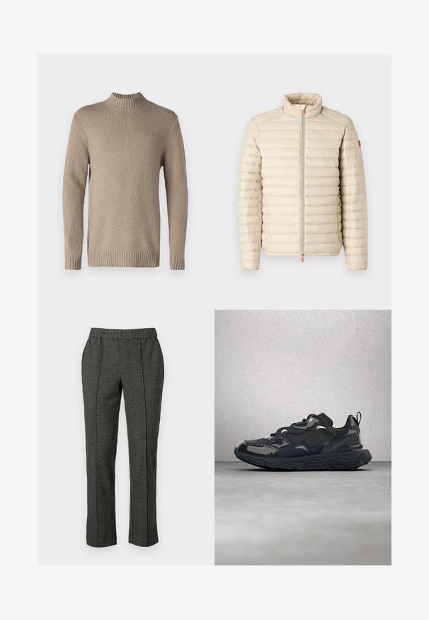 Save the duck ALEXANDER - Overgangsjakke - beige; Beige striktrøje med en struktureret overflade, ribbenkrave og manchetter. Har lange ærmer og en lige kant for et klassisk design.; Grå skræddersyede bukser med en struktureret stof, der har en elastisk talje, lige ben og detaljer med forkant.; Sort løbesko med tekstureret overdel, glatte detaljer og en chunky sål med bølgemønster, designet for komfort og holdbarhed.