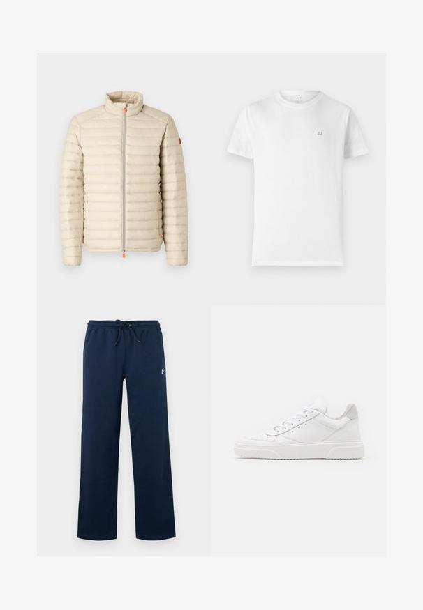 Save the duck ALEXANDER - Jas - beige; Witte katoen t-shirt met een klassieke ronde hals, korte mouwen en een klein, grijs GAP-logo op de linkerkant van de borst. Eenvoudig, onopgesmukt ontwerp.; Marineblauwe sweatpants met een elastische tailleband en een trekkoord. Voorzien van een klein wit logo op de linkerheup. Gemaakt van zacht materiaal.; Witte leren sneakers met een gladde afwerking, ronde neus, platte veters en een gestructureerde zool. Grijze suède accent bij de hiel.